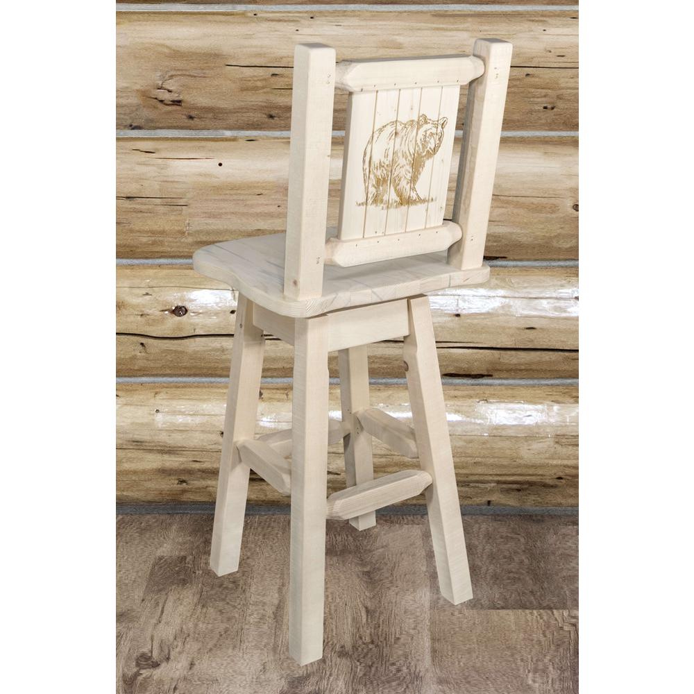 Homestead Collection Counter Height Barstool w/ Back & Swivel w/ Laser Engraved Bear Design, Clear Lacquer Finish. Picture 6