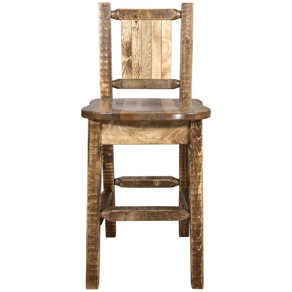 Homestead Collection Counter Height Barstool w/ Back, w/ Laser Engraved Pine Tree Design, Stain & Lacquer Finish. Picture 4