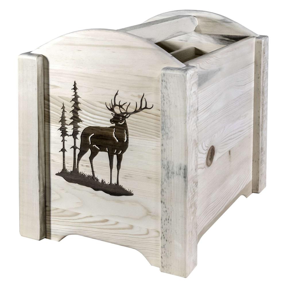 Homestead Collection Magazine Rack w/ Laser Engraved Elk Design, Clear Lacquer Finish. Picture 3