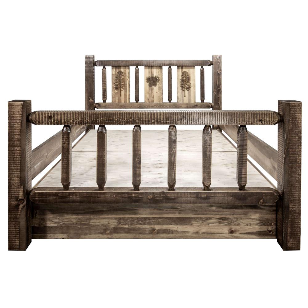 Homestead Collection Full Storage Bed w/ Laser Engraved Pine Design, Stain & Clear Lacquer Finish. Picture 6