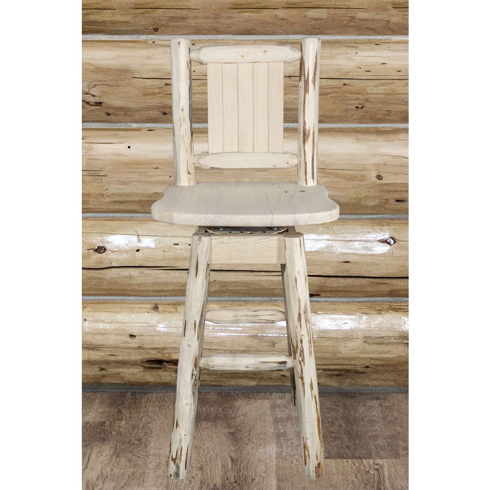 Montana Collection Counter Height Barstool w/ Back & Swivel w/ Laser Engraved Bronc Design, Clear Lacquer Finish. Picture 8