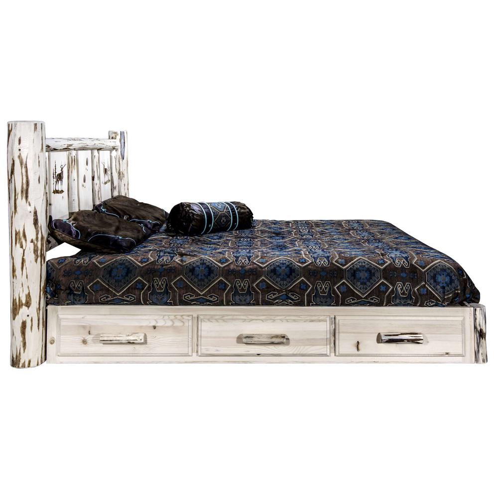 Montana Collection Platform Bed w/ Storage, California King w/ Laser Engraved Elk Design, Clear Lacquer Finish. Picture 4