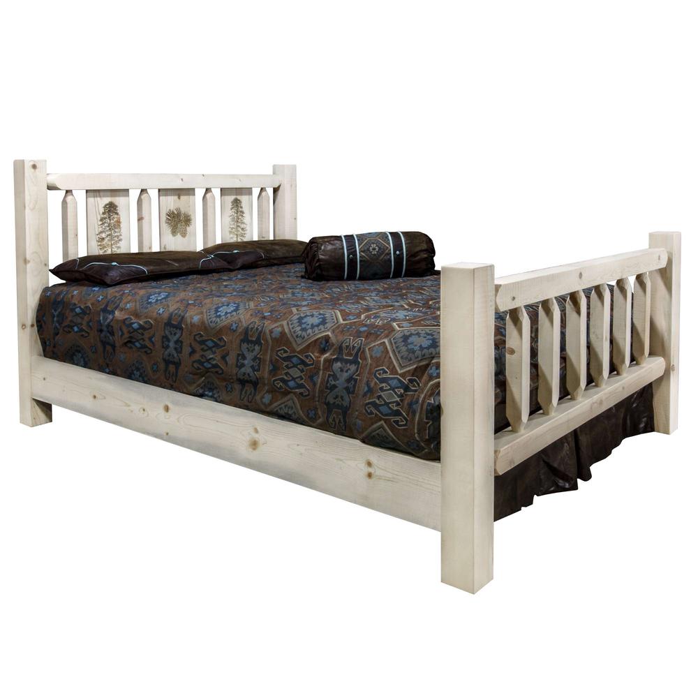 Homestead Collection California King Bed w/ Laser Engraved Pine Tree Design, Clear Lacquer Finish. Picture 1