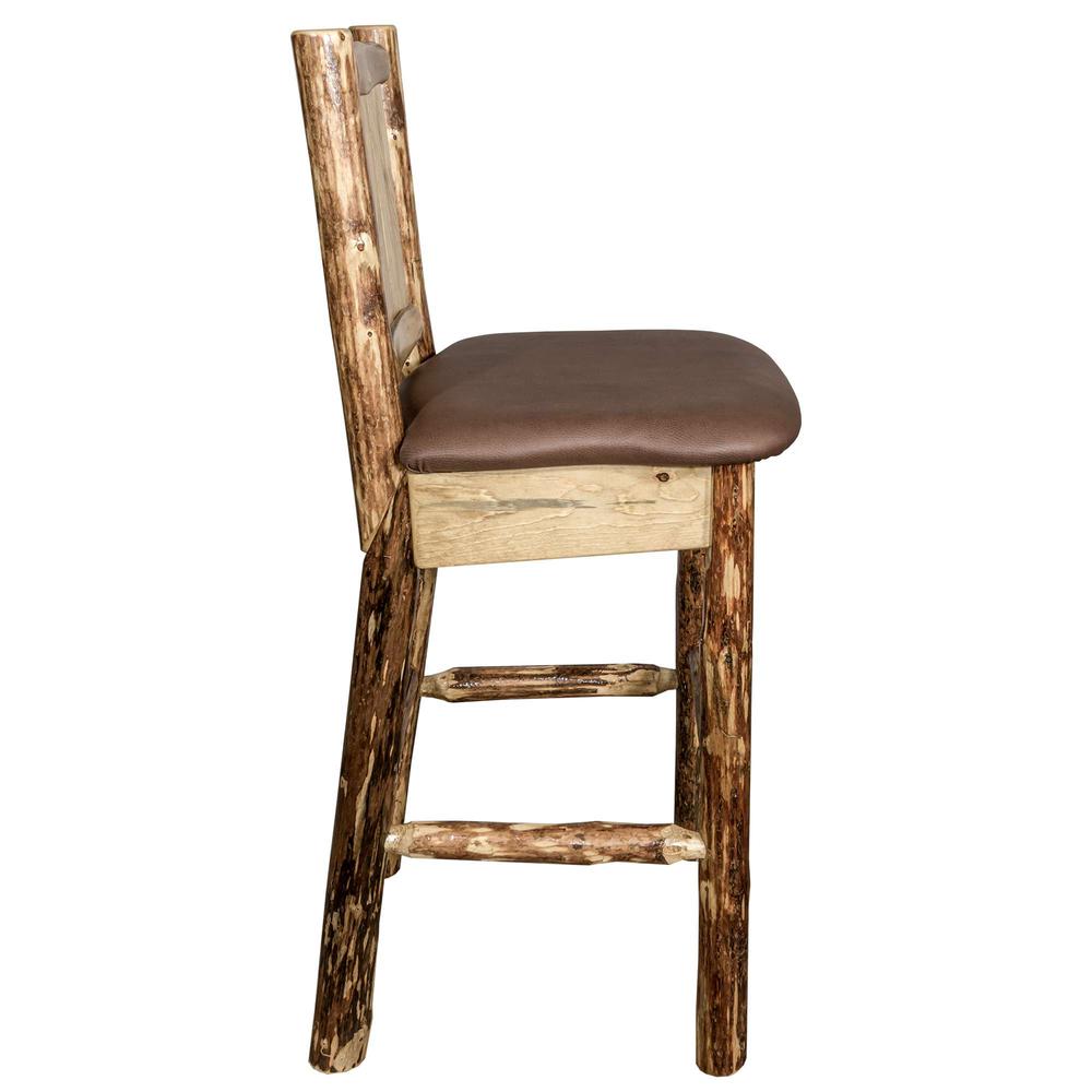 Glacier Country Collection Counter Height Barstool w/ Back - Saddle Upholstery, w/ Laser Engraved Wolf Design. Picture 5