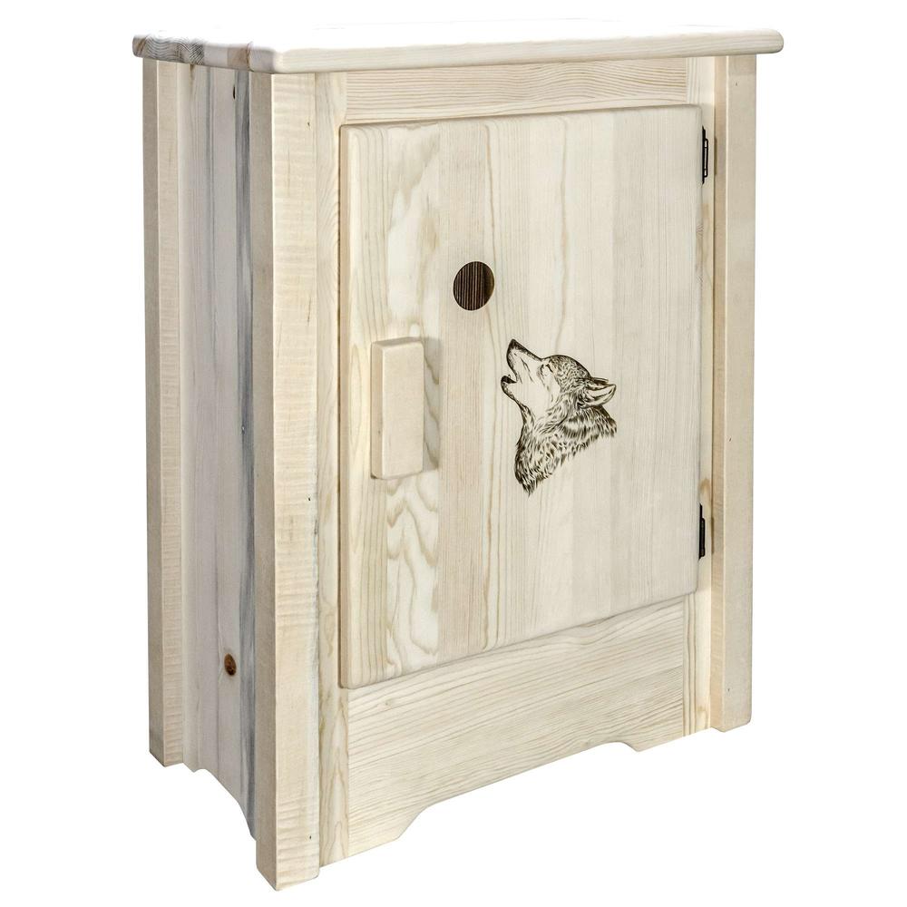 Homestead Collection Accent Cabinet w/ Laser Engraved Wolf Design, Right Hinged, Clear Lacquer Finish. Picture 3