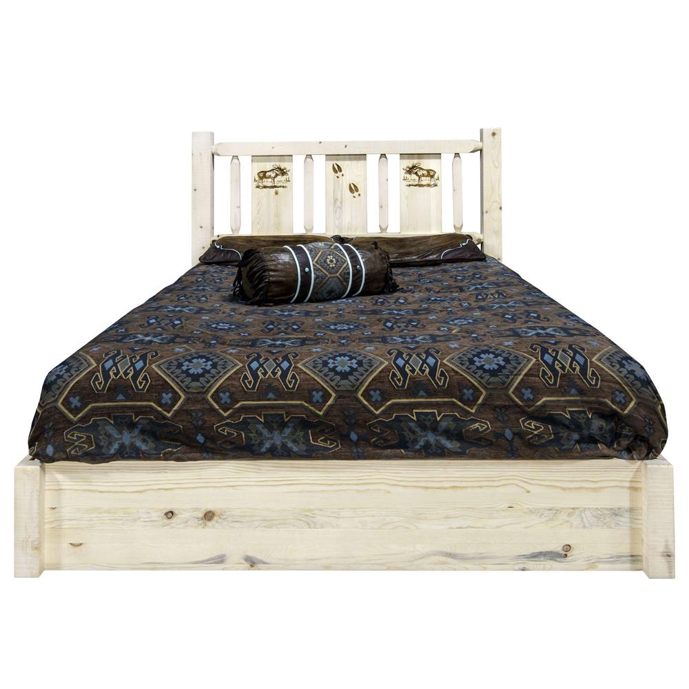 Homestead Collection Platform Bed w/ Storage, California King w/ Laser Engraved Moose Design, Clear Lacquer Finish. Picture 2