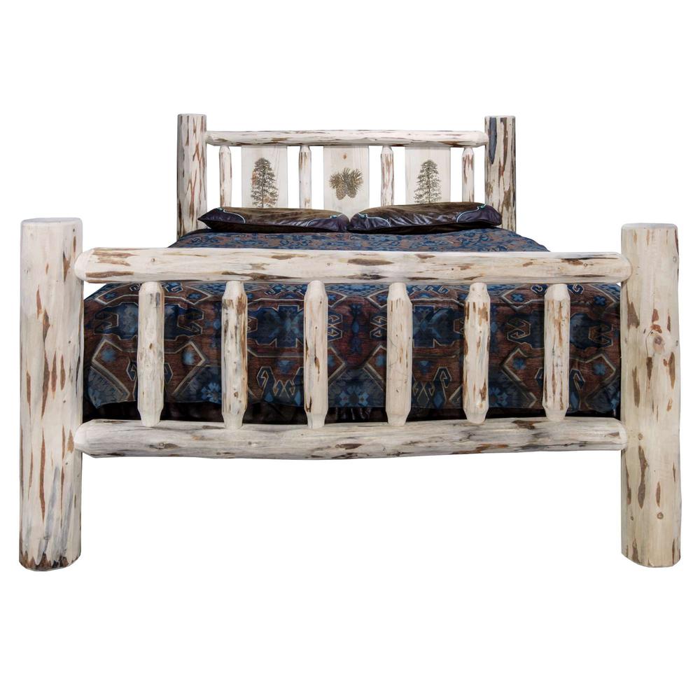 Montana Collection King Bed w/ Laser Engraved Pine Tree Design, Clear Lacquer Finish. Picture 2