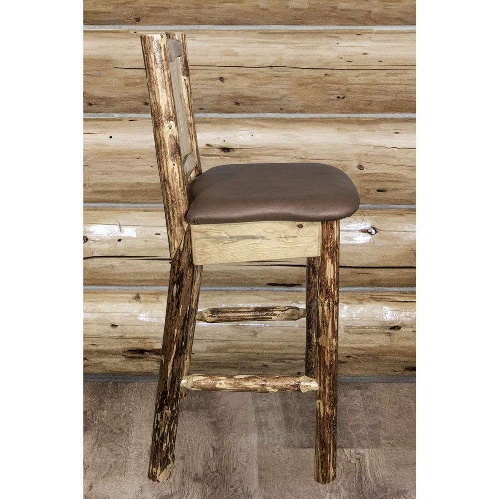 Glacier Country Collection Counter Height Barstool w/ Back - Saddle Upholstery, w/ Laser Engraved Wolf Design. Picture 10