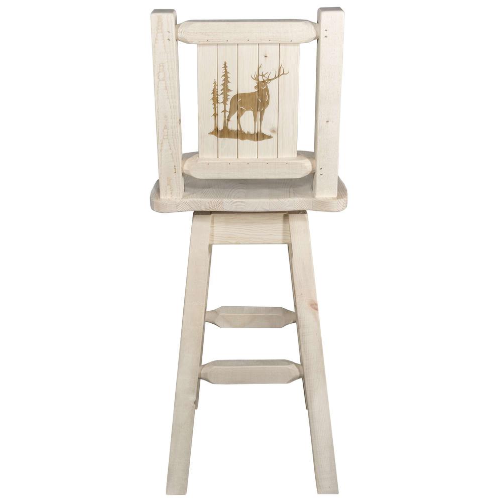Homestead Collection Barstool w/ Back & Swivel w/ Laser Engraved Elk Design, Clear Lacquer Finish. Picture 2
