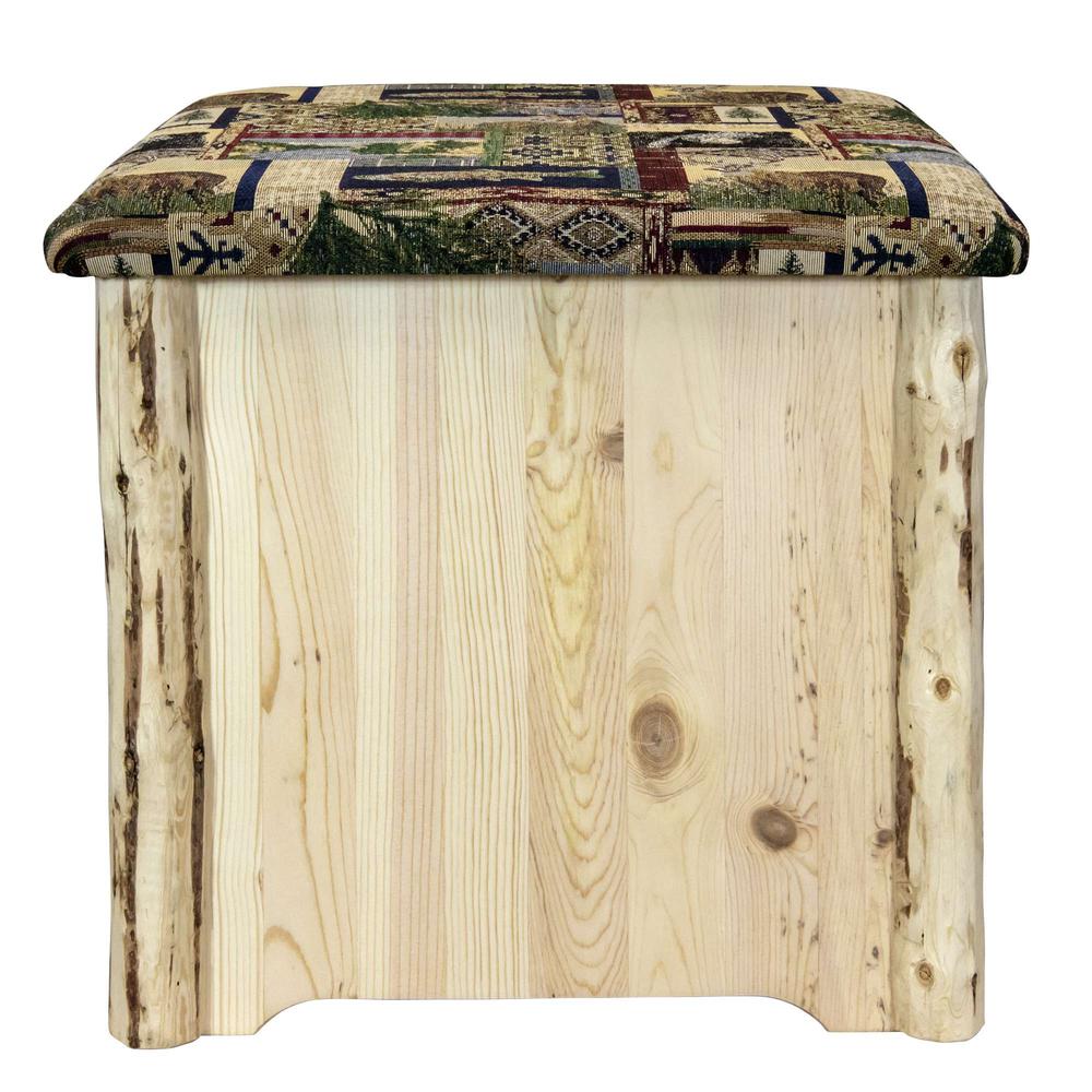 Montana Collection Upholstered Ottoman w/ Storage, Woodland Upholstery, Clear Lacquer Finish. Picture 2