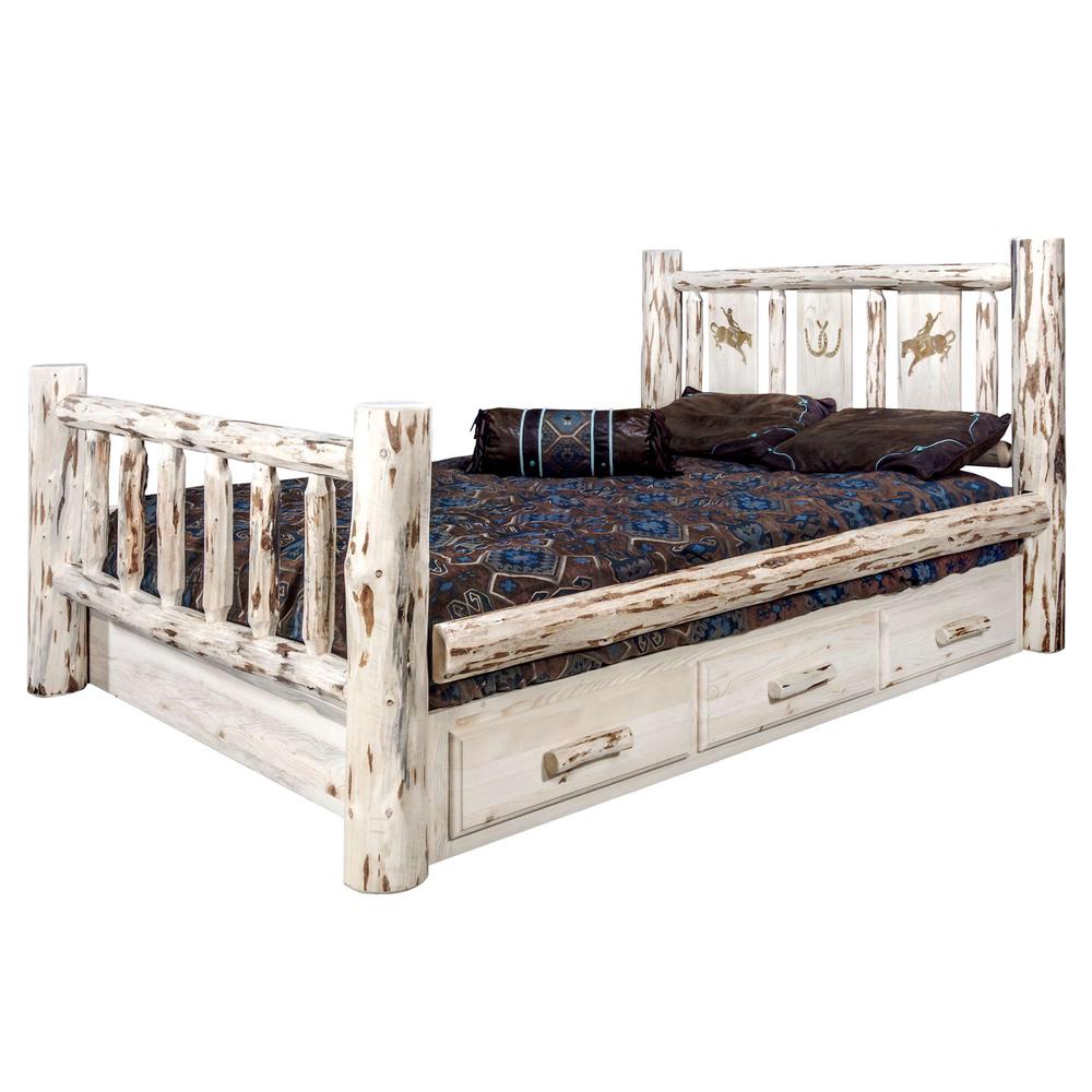 Montana Collection Twin Storage Bed w/ Laser Engraved Bronc Design, Clear Lacquer Finish. Picture 3
