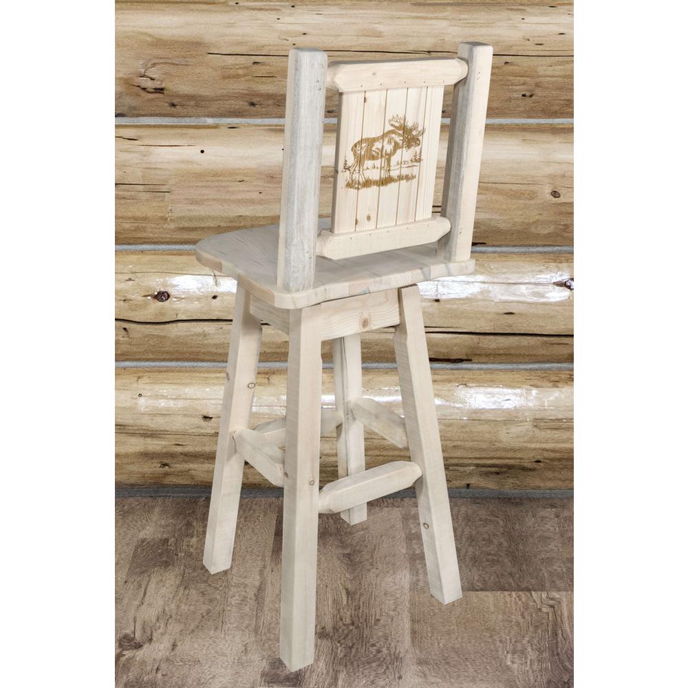 Homestead Collection Counter Height Barstool w/ Back & Swivel w/ Laser Engraved Moose Design, Clear Lacquer Finish. Picture 6