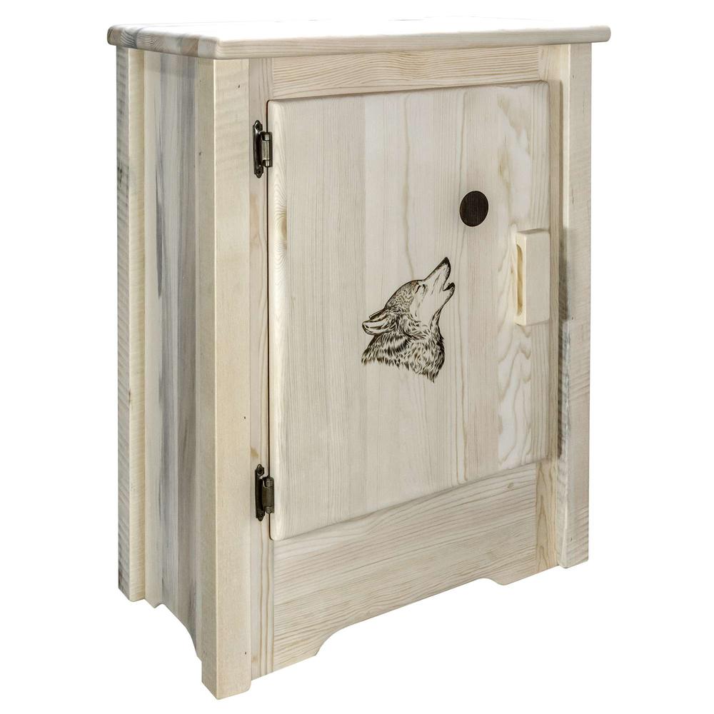 Homestead Collection Accent Cabinet w/ Laser Engraved Wolf Design, Left Hinged, Clear Lacquer Finish. Picture 1