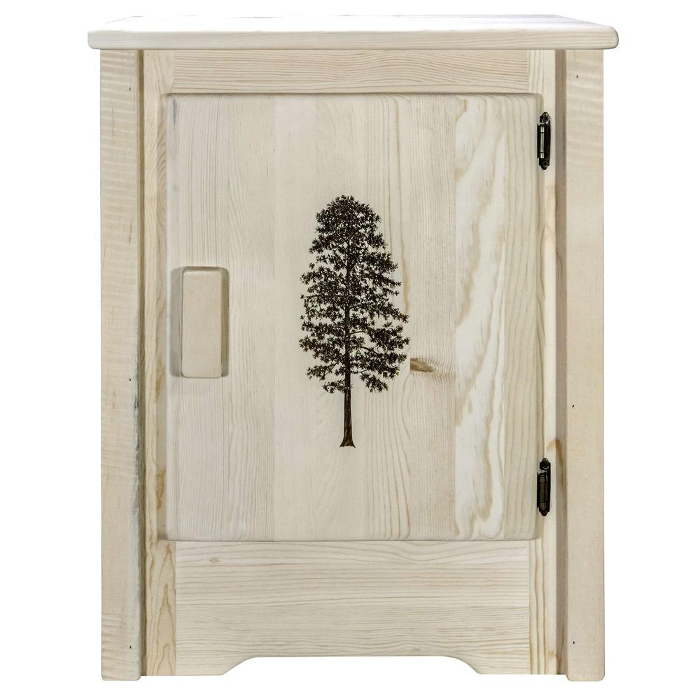 Homestead Collection Accent Cabinet w/ Laser Engraved Pine Design, Right Hinged, Clear Lacquer Finish. Picture 2