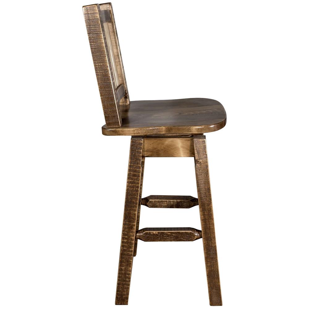 Homestead Collection Counter Height Barstool w/ Back & Swivel w/ Laser Engraved Pine Tree Design, Stain & Lacquer Finish. Picture 5
