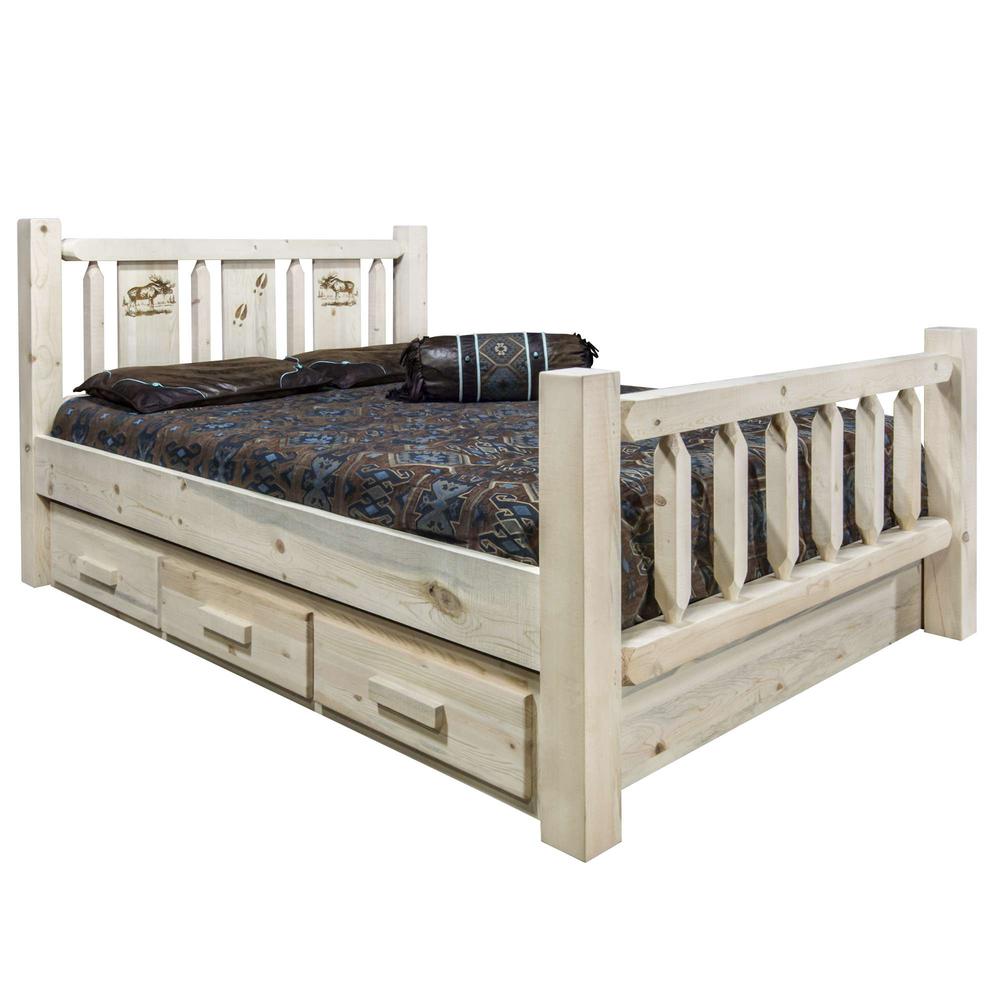 Homestead Collection Full Storage Bed w/ Laser Engraved Moose Design, Clear Lacquer Finish. Picture 1