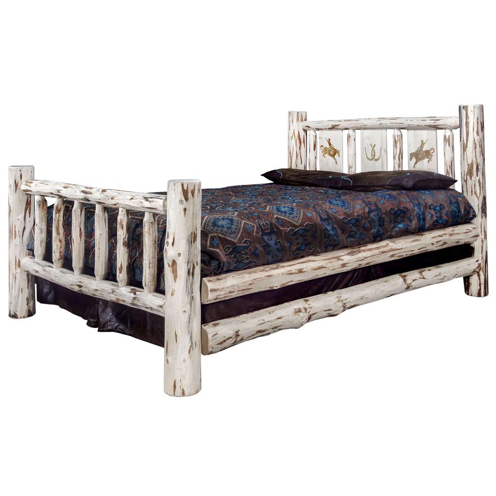 Montana Collection California King Bed w/ Laser Engraved Bronc Design, Clear Lacquer Finish. Picture 3