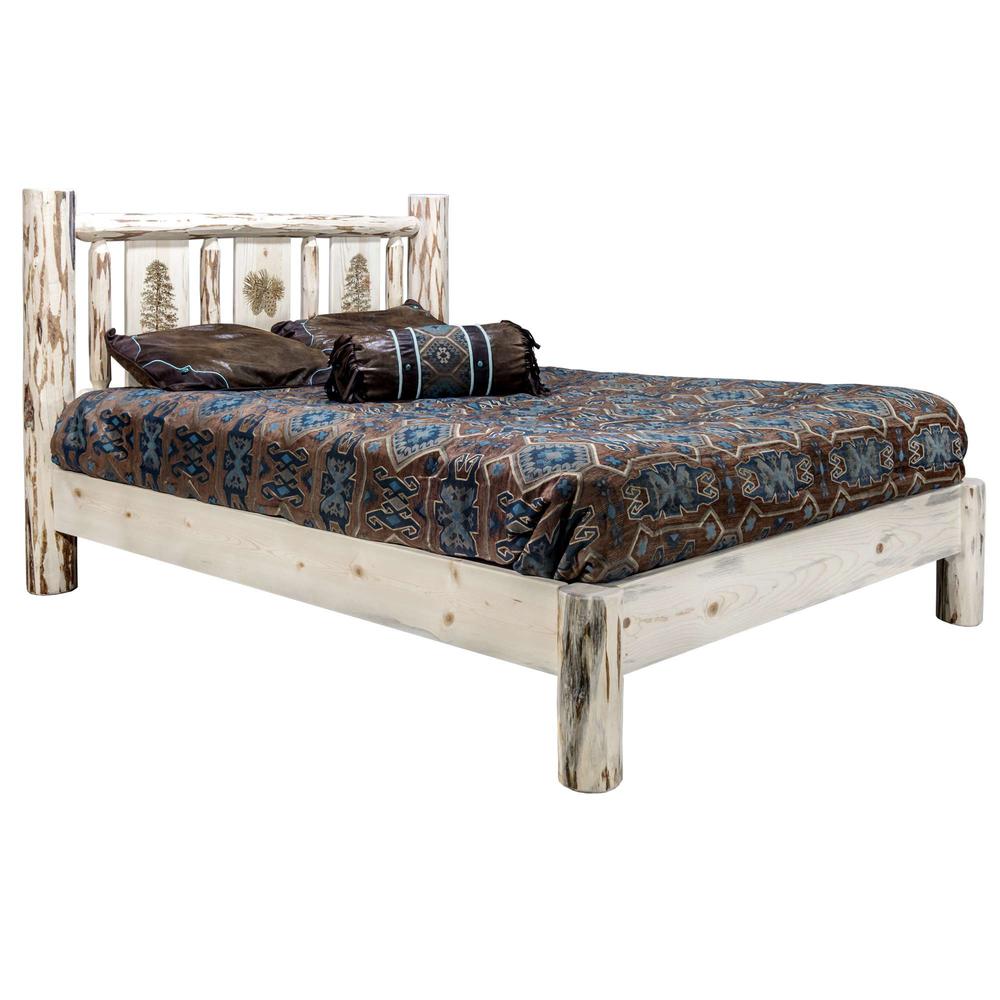 Montana Collection Full Platform Bed w/ Laser Engraved Pine Tree Design, Clear Lacquer Finish. Picture 1