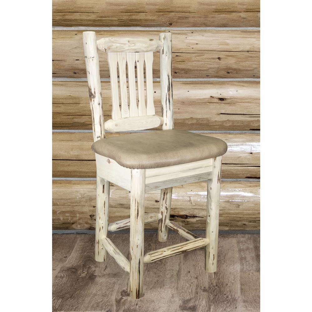 Montana Collection Counter Height Barstool w/ Back - Buckskin Upholstery, Clear Lacquer Finish. Picture 3