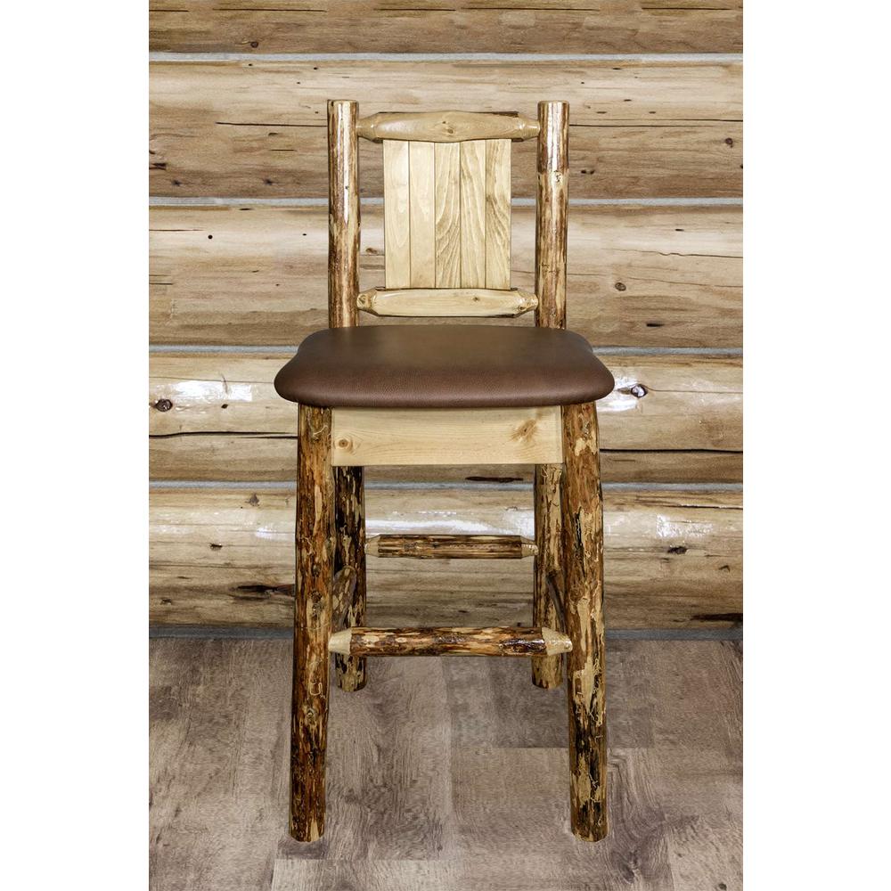 Glacier Country Collection Counter Height Barstool w/ Back - Saddle Upholstery, w/ Laser Engraved Pine Tree Design. Picture 9