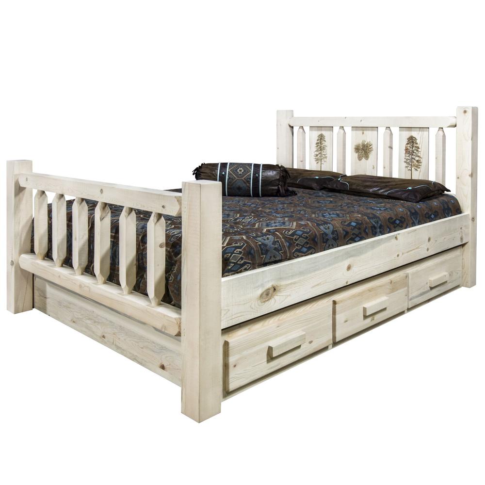 Homestead Collection Queen Storage Bed w/ Laser Engraved Pine Design, Clear Lacquer Finish. Picture 3