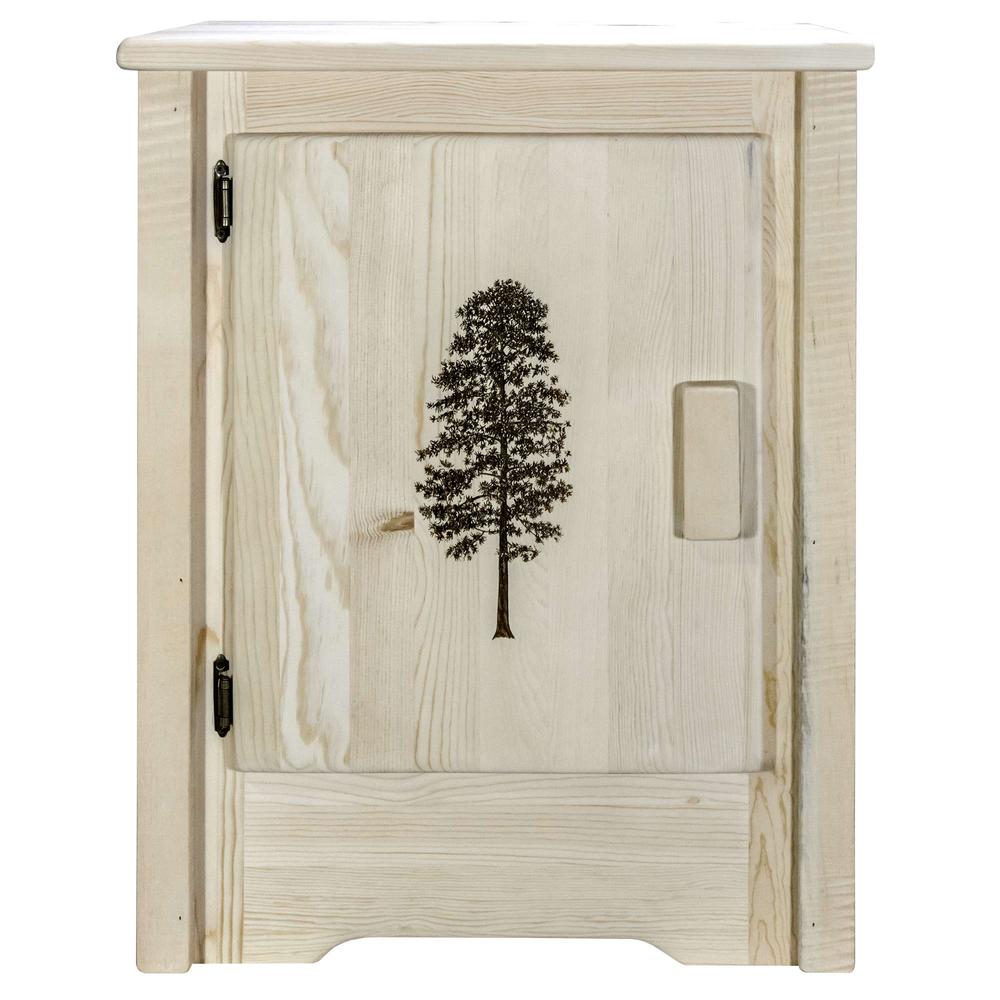 Homestead Collection Accent Cabinet w/ Laser Engraved Pine Design, Left Hinged, Clear Lacquer Finish. Picture 2