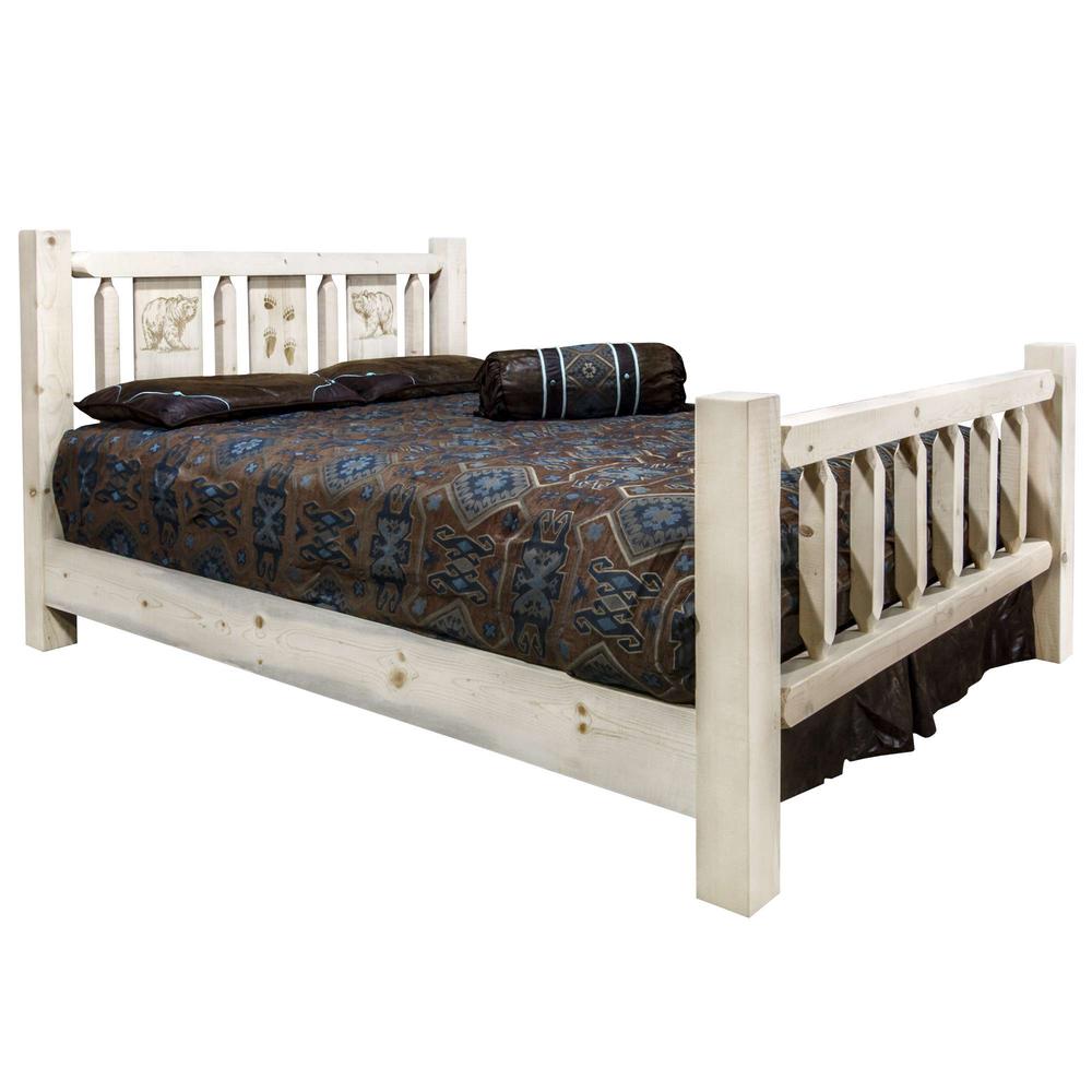 Homestead Collection King Bed w/ Laser Engraved Bear Design, Clear Lacquer Finish. Picture 1