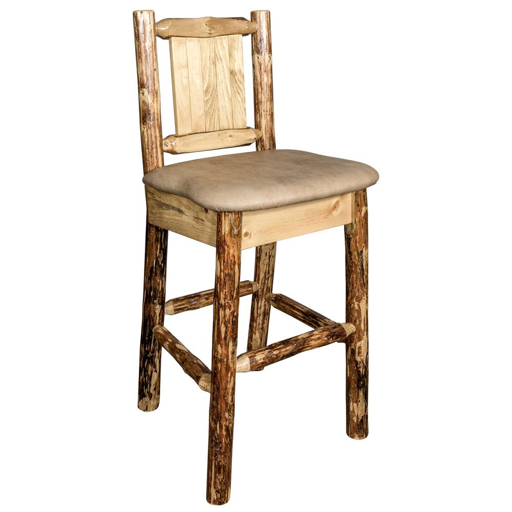 Glacier Country Collection Counter Height Barstool w/ Back - Buckskin Upholstery, w/ Laser Engraved Moose Design. Picture 3