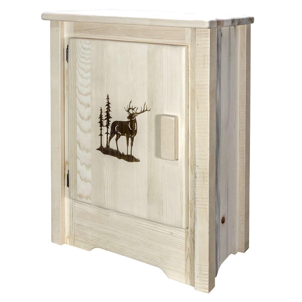 Homestead Collection Accent Cabinet w/ Laser Engraved Elk Design, Left Hinged, Clear Lacquer Finish. Picture 3