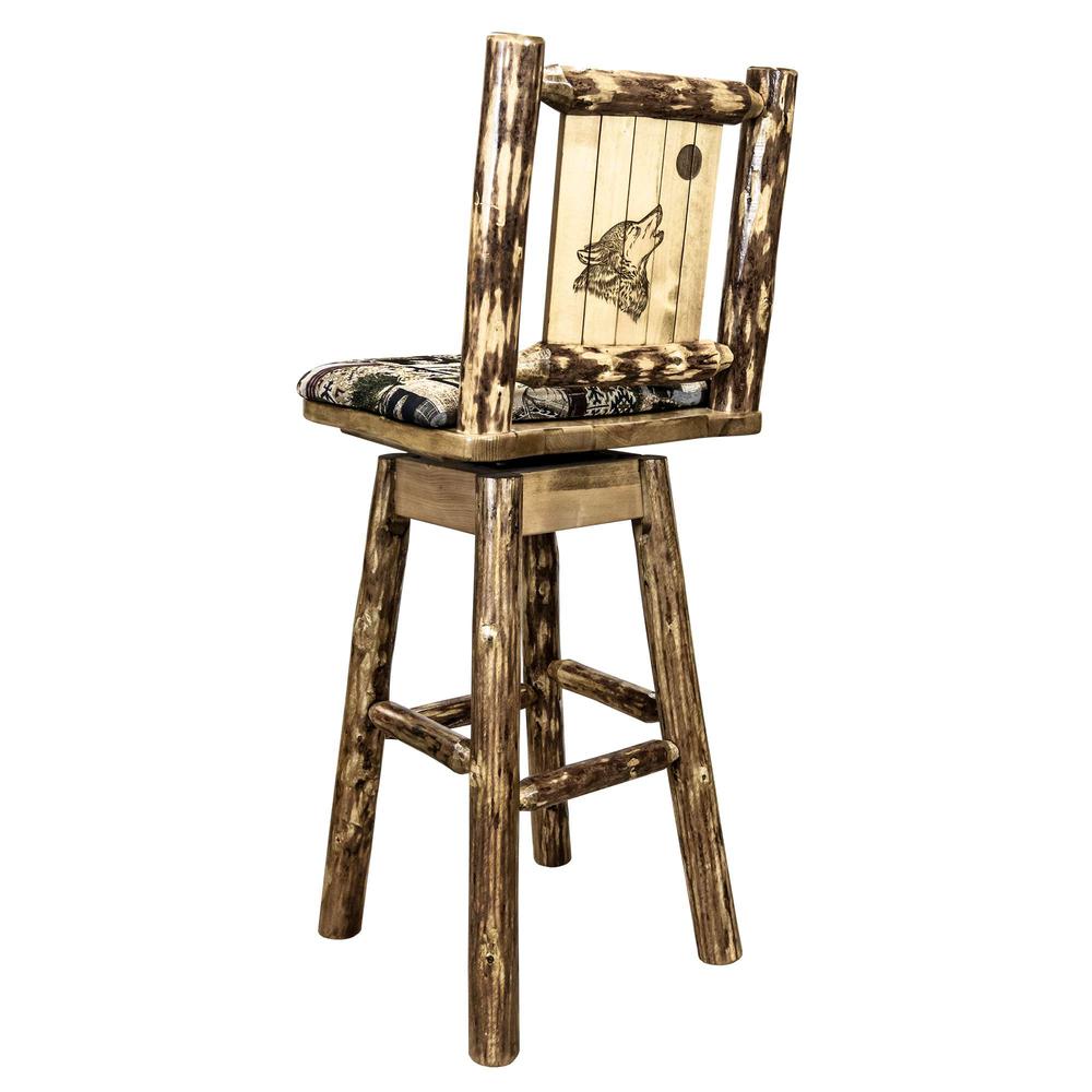 Glacier Country Collection Counter Height Barstool w/ Back & Swivel, Woodland Upholstery w/ Laser Engraved Wolf Design. Picture 1