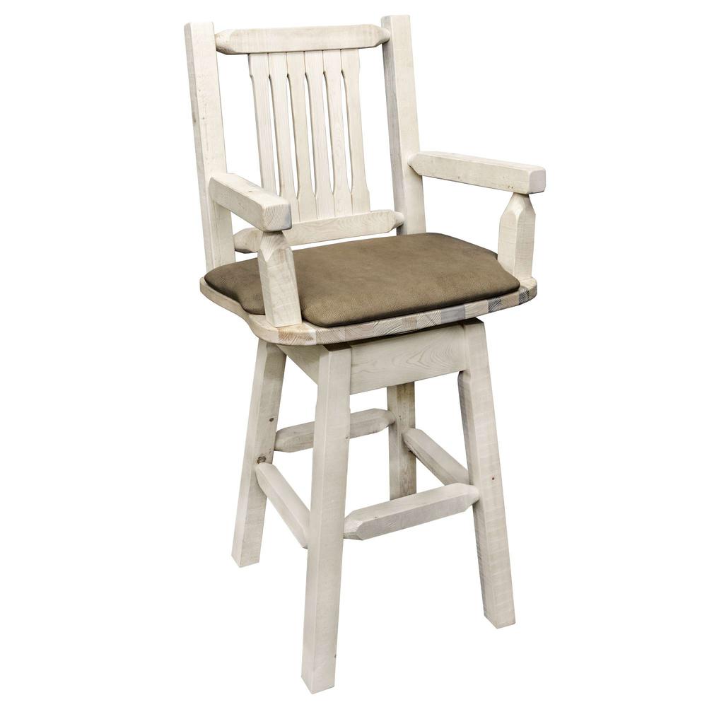 Homestead Collection Captain's Barstool w/ Back & Swivel, Clear Lacquer Finish w/ Upholstered Seat, Buckskin Pattern. Picture 1