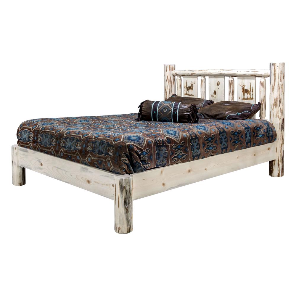Montana Collection California King Platform Bed w/ Laser Engraved Elk Design, Clear Lacquer Finish. Picture 3