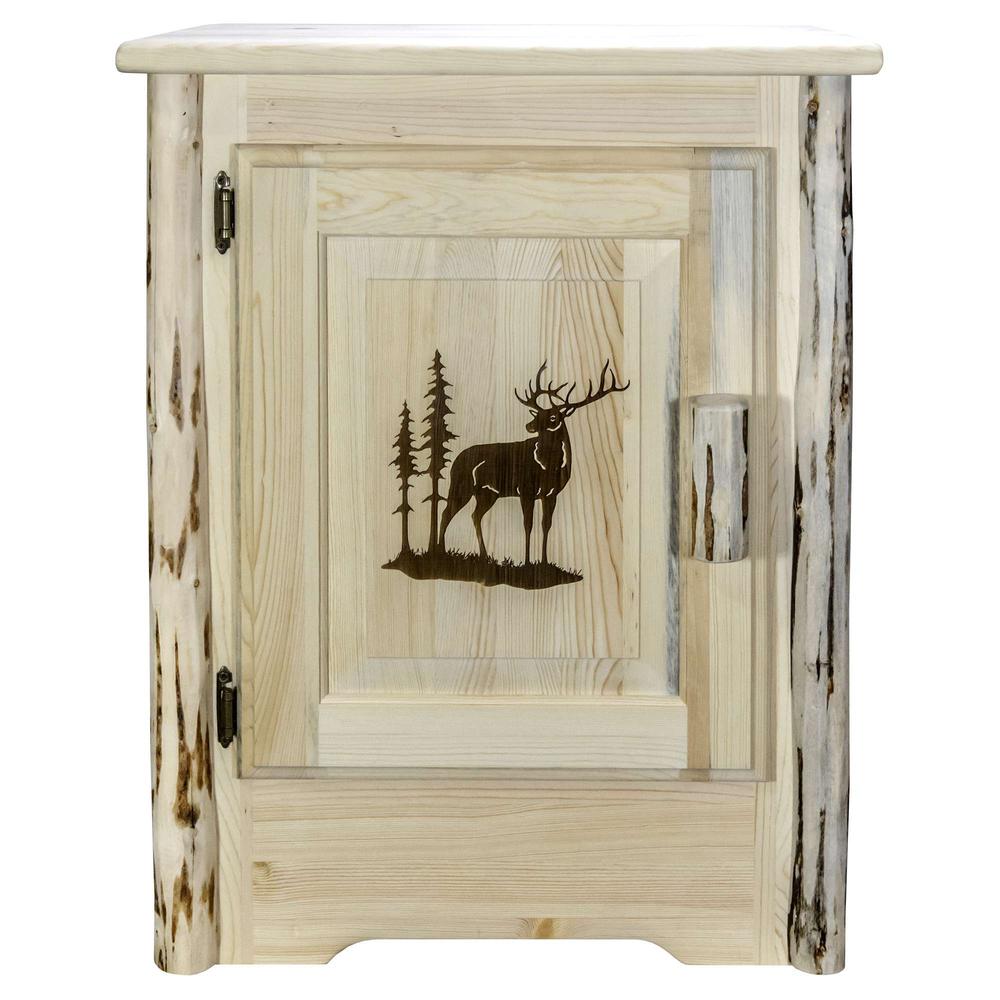 Montana Collection Accent Cabinet w/ Laser Engraved Elk Design, Left Hinged, Clear Lacquer Finish. Picture 1