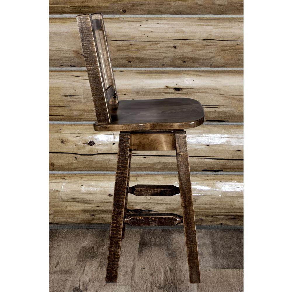 Homestead Collection Counter Height Barstool w/ Back & Swivel w/ Laser Engraved Elk Design, Stain & Lacquer Finish. Picture 10