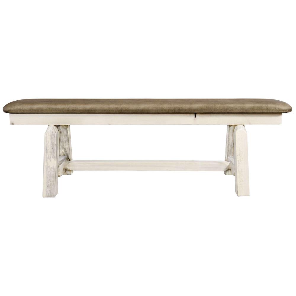 Homestead Collection Plank Style Bench, Clear Lacquer Finish, 5 Foot w/ Buckskin Upholstery. Picture 2
