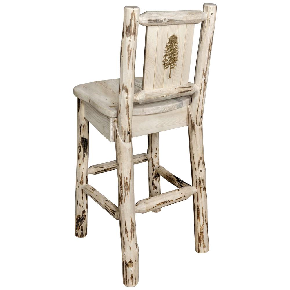 Montana Collection Counter Height Barstool w/ Back, w/ Laser Engraved Pine Tree Design, Clear Lacquer Finish. Picture 1