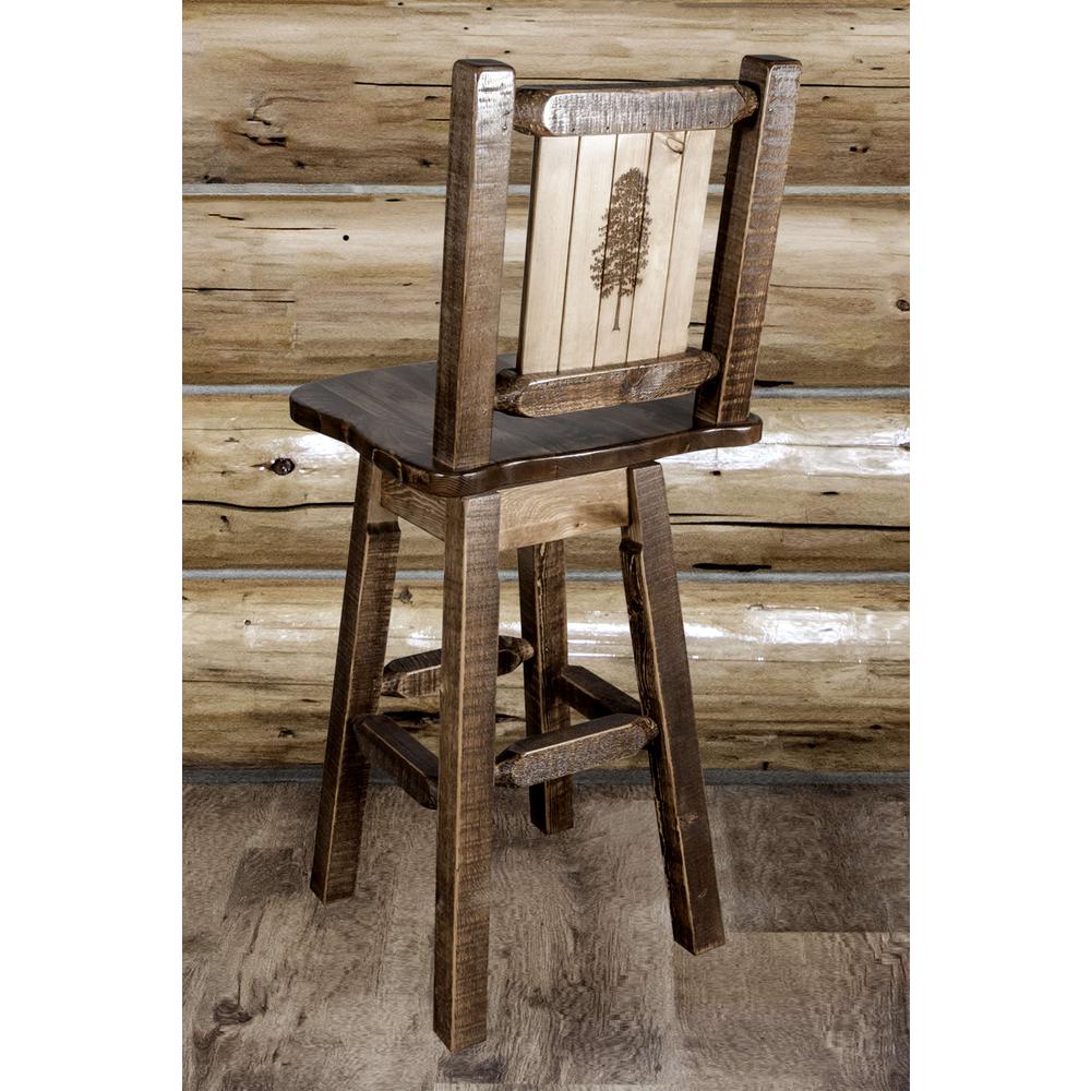 Homestead Collection Counter Height Barstool w/ Back & Swivel w/ Laser Engraved Pine Tree Design, Stain & Lacquer Finish. Picture 6