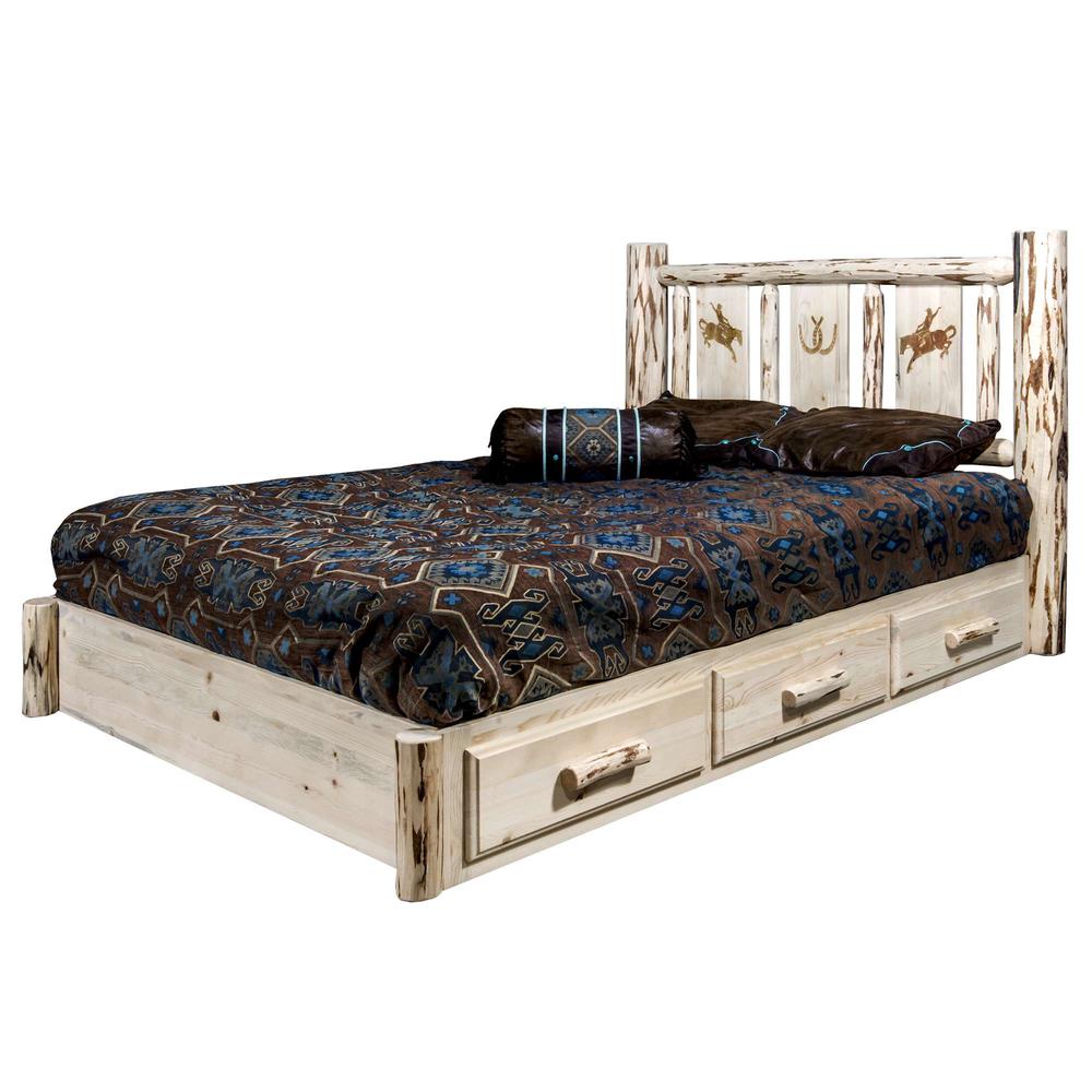 Montana Collection Platform Bed w/ Storage, Queen w/ Laser Engraved Bronc Design, Clear Lacquer Finish. Picture 3