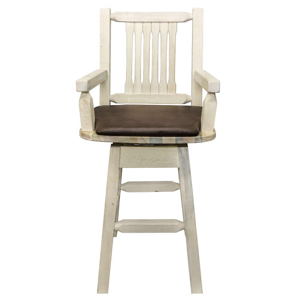 Homestead Collection Captain's Barstool w/ Back & Swivel, Clear Lacquer Finish w/ Upholstered Seat, Saddle Pattern. Picture 2