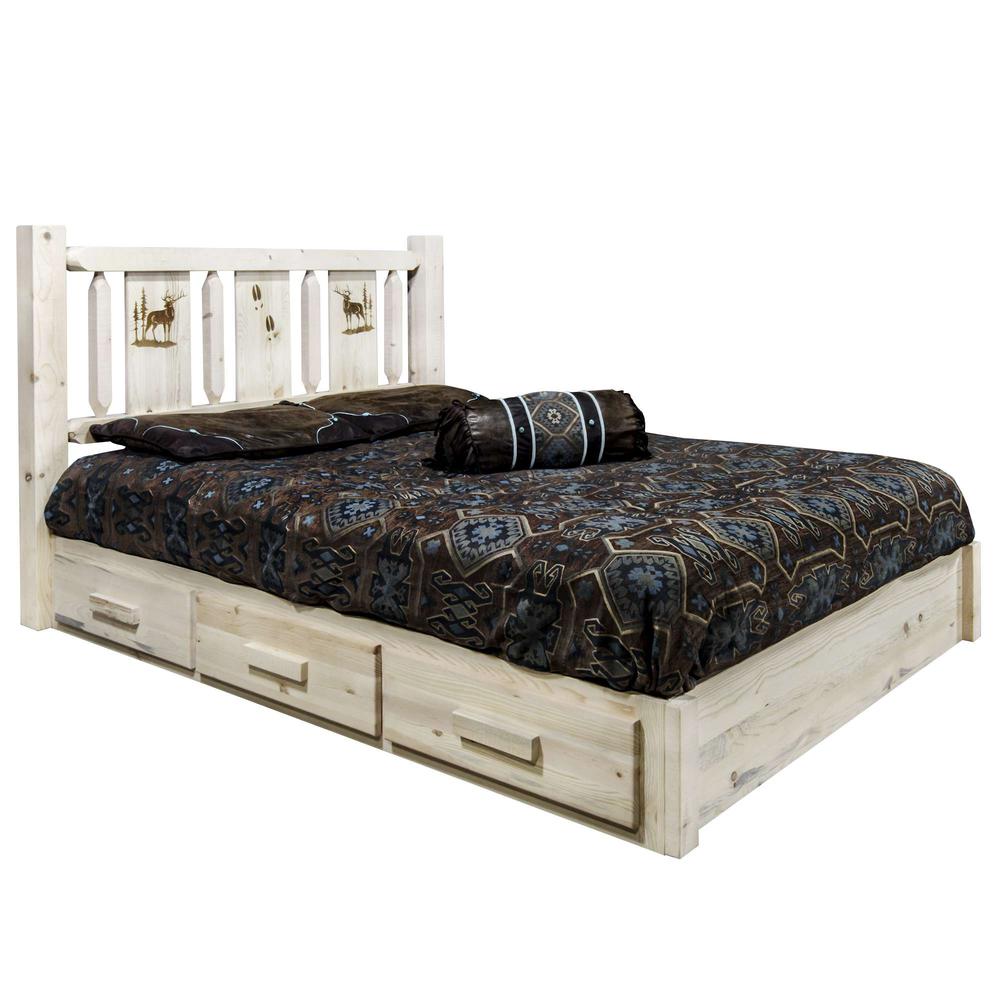Homestead Collection Platform Bed w/ Storage, Queen w/ Laser Engraved Elk Design, Clear Lacquer Finish. Picture 1