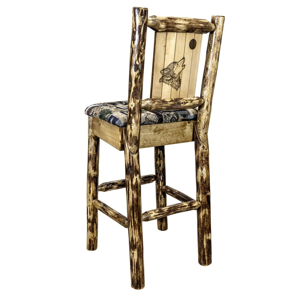 Glacier Country Collection Counter Height Barstool w/ Back - Woodland Upholstery, w/ Laser Engraved Wolf Design. Picture 1