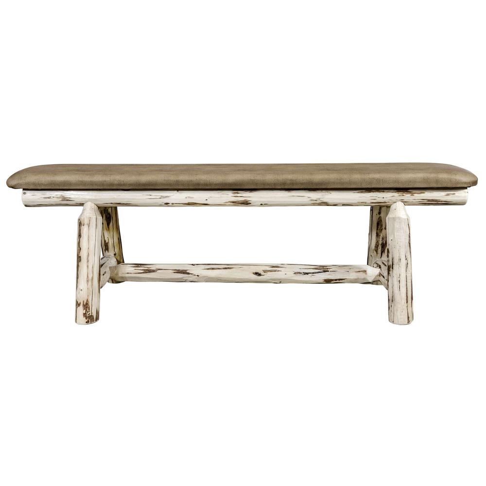 Montana Collection Plank Style Bench, Clear Lacquer Finish, 5 foot w/ Buckskin Upholstery. Picture 2