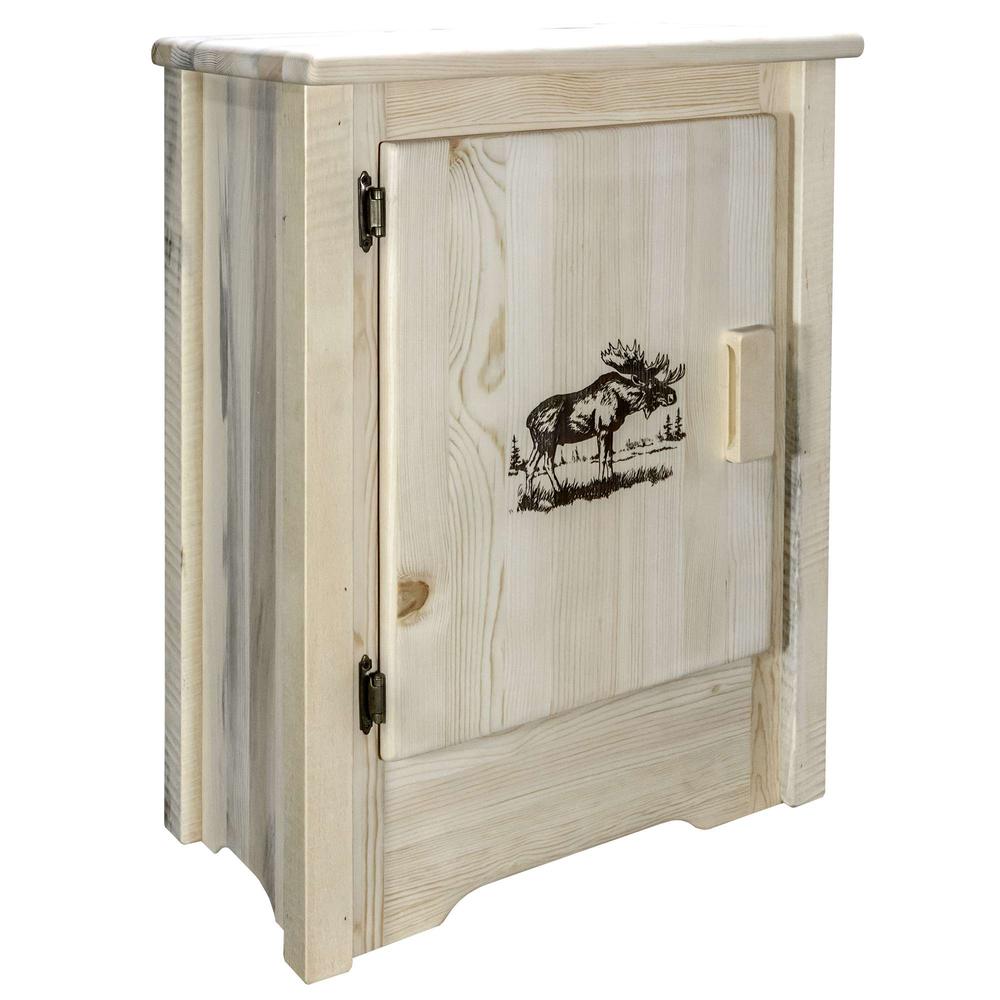 Homestead Collection Accent Cabinet w/ Laser Engraved Moose Design, Left Hinged, Clear Lacquer Finish. Picture 1