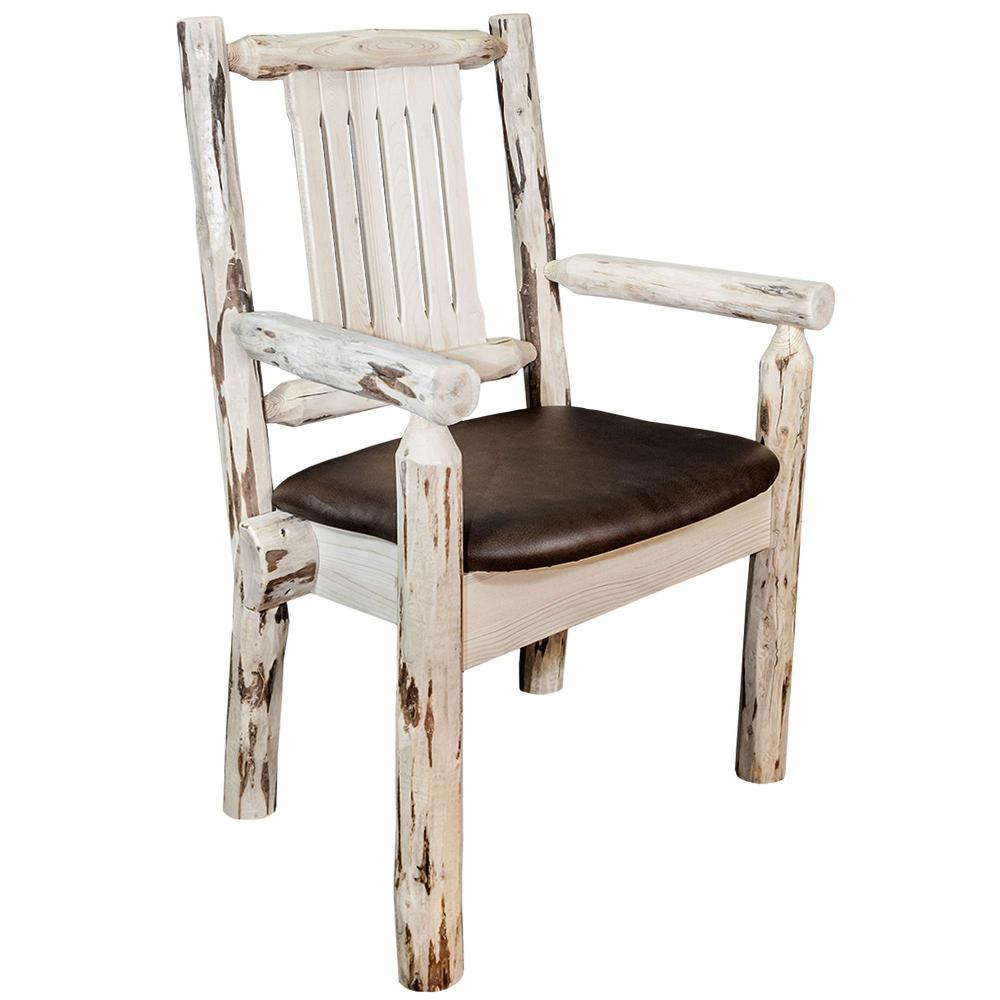 Montana Collection Captain's Chair, Clear Lacquer Finish w/ Upholstered Seat, Saddle Pattern. Picture 1