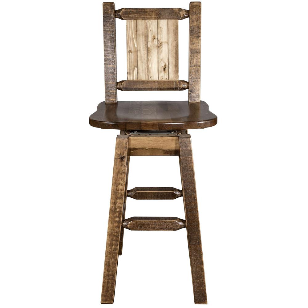 Homestead Collection Counter Height Barstool w/ Back & Swivel w/ Laser Engraved Moose Design, Stain & Lacquer Finish. Picture 4