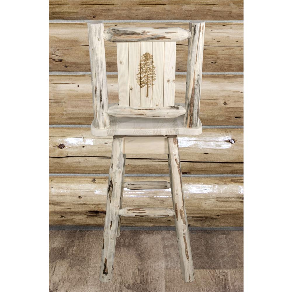Montana Collection Counter Height Barstool w/ Back & Swivel w/ Laser Engraved Pine Tree Design, Clear Lacquer Finish. Picture 6