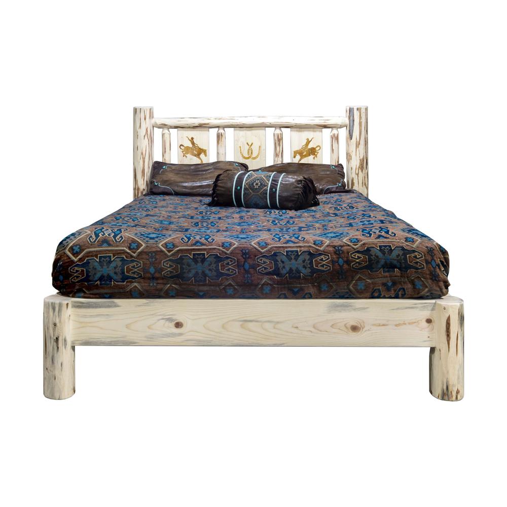 Montana Collection King Platform Bed w/ Laser Engraved Bronc Design, Clear Lacquer Finish. Picture 2