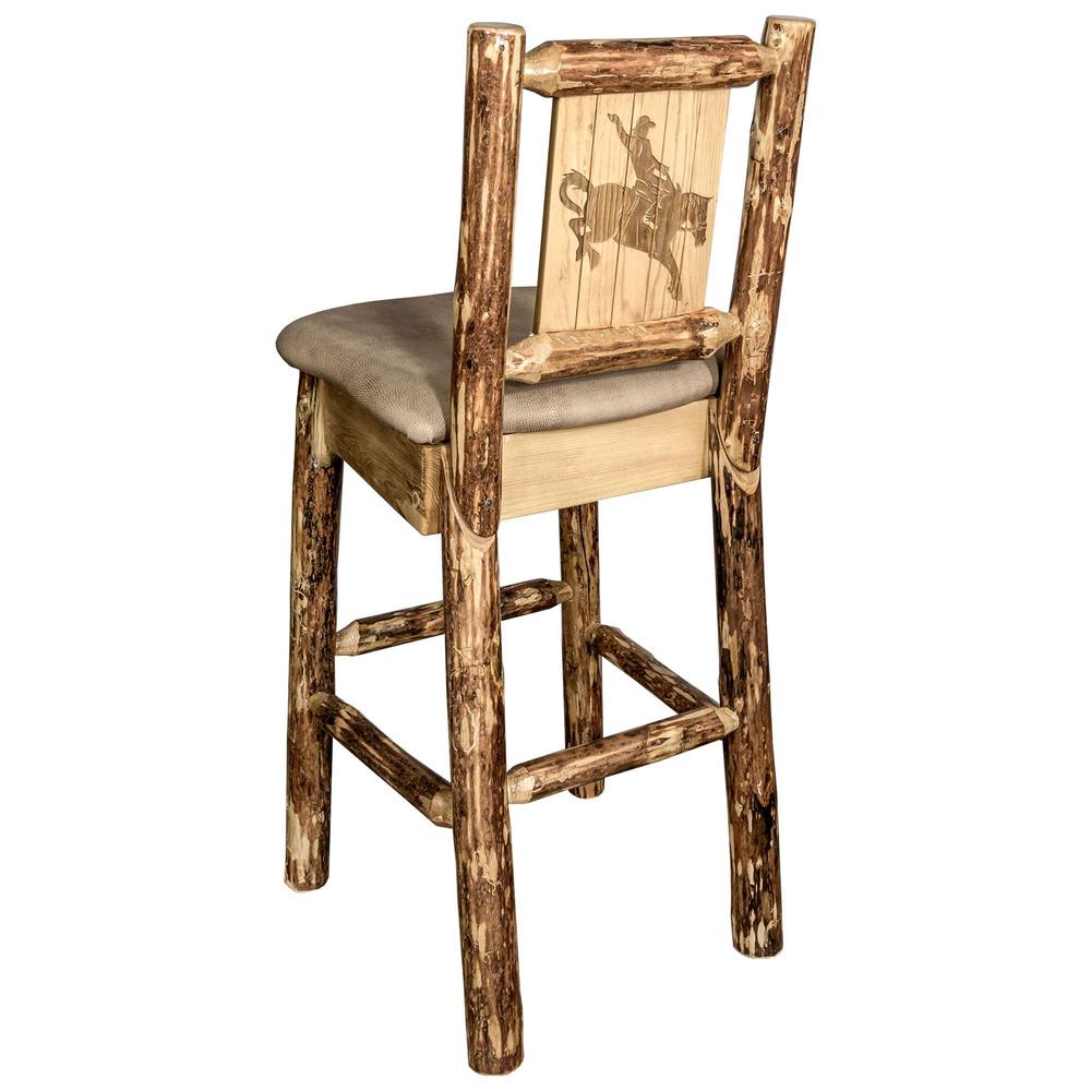 Glacier Country Collection Counter Height Barstool w/ Back - Buckskin Upholstery, w/ Laser Engraved Bronc Design. Picture 1