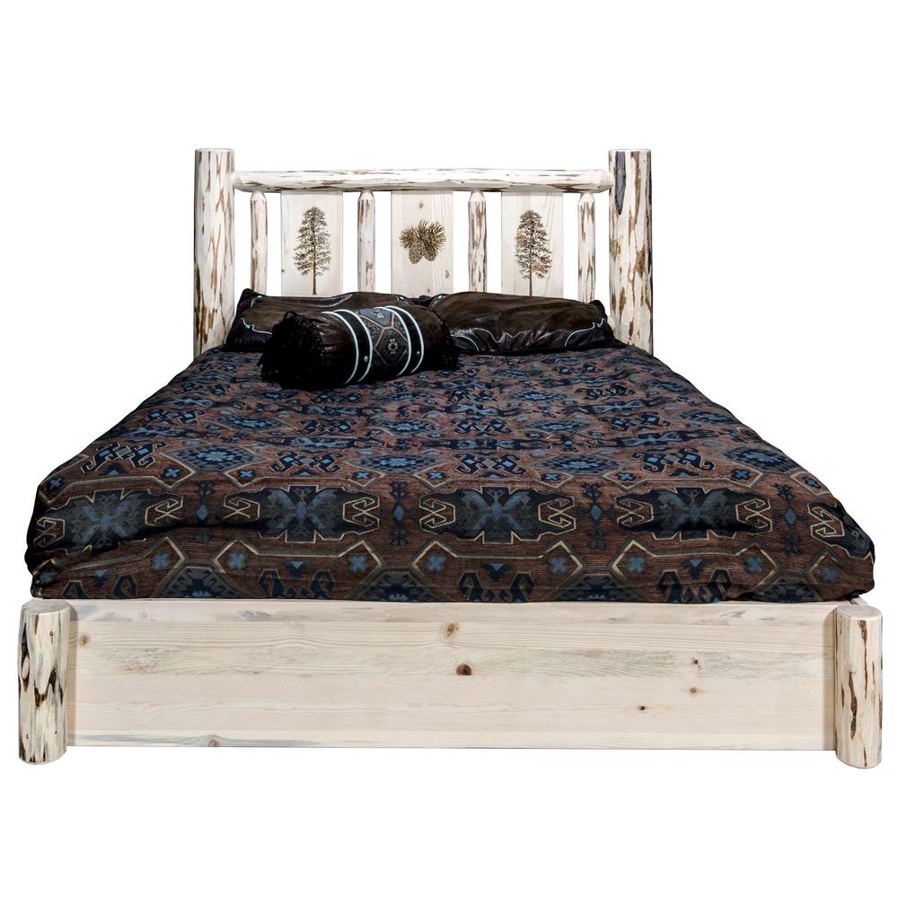 Montana Collection Platform Bed w/ Storage, California King w/ Laser Engraved Pine Design, Clear Lacquer Finish. Picture 2