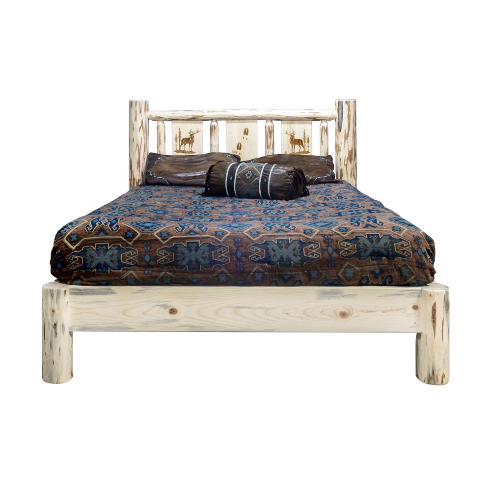 Montana Collection King Platform Bed w/ Laser Engraved Elk Design, Clear Lacquer Finish. Picture 2